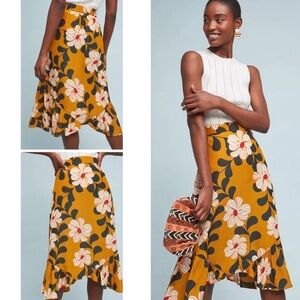 ✦ Eva Franco ✦ Anthropologie ✦ Ikebana Ruffled Yellow Floral Midi Skirt ✦ Size 6